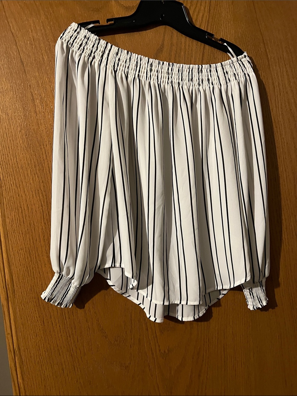 Express White and Black Vertical Stripe Off-Shoulder Top